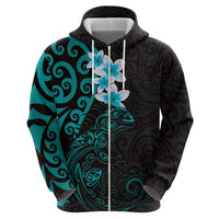 New Zealand Tuatara Plumeria Zip Hoodie Maori Teal Koru Tribal Tattoo
