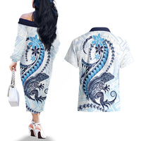 Blue Maori Tuatara Couples Matching Off The Shoulder Long Sleeve Dress and Hawaiian Shirt Luxury Pastel Pattern