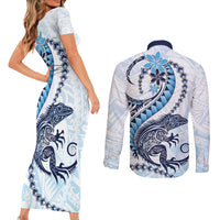 Blue Maori Tuatara Couples Matching Short Sleeve Bodycon Dress and Long Sleeve Button Shirt Luxury Pastel Pattern