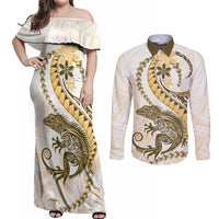 Gold Maori Tuatara Couples Matching Off Shoulder Maxi Dress and Long Sleeve Button Shirt Luxury Pastel Pattern