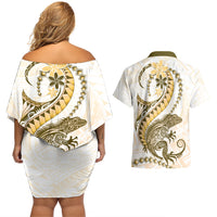 Gold Maori Tuatara Couples Matching Off Shoulder Short Dress and Hawaiian Shirt Luxury Pastel Pattern
