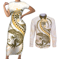 Gold Maori Tuatara Couples Matching Short Sleeve Bodycon Dress and Long Sleeve Button Shirt Luxury Pastel Pattern