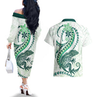 Green Maori Tuatara Couples Matching Off The Shoulder Long Sleeve Dress and Hawaiian Shirt Luxury Pastel Pattern