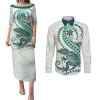 Green Maori Tuatara Couples Matching Puletasi and Long Sleeve Button Shirt Luxury Pastel Pattern