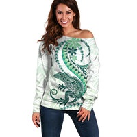Green Maori Tuatara Off Shoulder Sweater Luxury Pastel Pattern