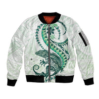 Green Maori Tuatara Sleeve Zip Bomber Jacket Luxury Pastel Pattern