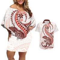 Red Maori Tuatara Couples Matching Off Shoulder Short Dress and Hawaiian Shirt Luxury Pastel Pattern