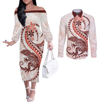 Red Maori Tuatara Couples Matching Off The Shoulder Long Sleeve Dress and Long Sleeve Button Shirt Luxury Pastel Pattern