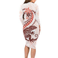 Red Maori Tuatara Long Sleeve Bodycon Dress Luxury Pastel Pattern