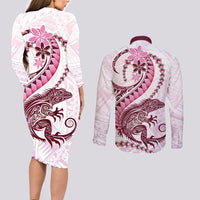 Pink Maori Tuatara Couples Matching Long Sleeve Bodycon Dress and Long Sleeve Button Shirt Luxury Pastel Pattern