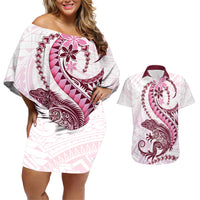 Pink Maori Tuatara Couples Matching Off Shoulder Short Dress and Hawaiian Shirt Luxury Pastel Pattern
