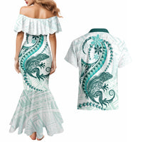 Teal Maori Tuatara Couples Matching Mermaid Dress and Hawaiian Shirt Luxury Pastel Pattern