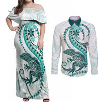 Teal Maori Tuatara Couples Matching Off Shoulder Maxi Dress and Long Sleeve Button Shirt Luxury Pastel Pattern