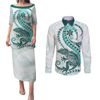 Teal Maori Tuatara Couples Matching Puletasi and Long Sleeve Button Shirt Luxury Pastel Pattern