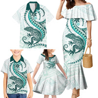 Teal Maori Tuatara Family Matching Mermaid Dress and Hawaiian Shirt Luxury Pastel Pattern