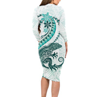 Teal Maori Tuatara Long Sleeve Bodycon Dress Luxury Pastel Pattern