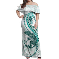 Teal Maori Tuatara Off Shoulder Maxi Dress Luxury Pastel Pattern