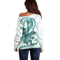 Teal Maori Tuatara Off Shoulder Sweater Luxury Pastel Pattern