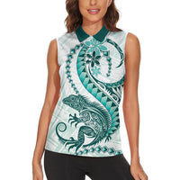 Teal Maori Tuatara Women Sleeveless Polo Shirt Luxury Pastel Pattern
