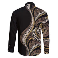 Hawaii Pineapple Brown Tribal Pattern Family Matching Off The Shoulder Long Sleeve Dress and Hawaiian Shirt - Polynesian Pride