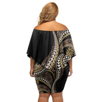 Hawaii Pineapple Brown Tribal Pattern Off Shoulder Short Dress - Polynesian Pride