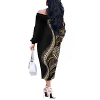 Hawaii Pineapple Brown Tribal Pattern Off The Shoulder Long Sleeve Dress - Polynesian Pride