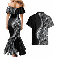 Hawaii Pineapple Gray Scale Tribal Pattern Couples Matching Mermaid Dress and Hawaiian Shirt - Polynesian Pride