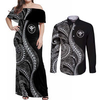 Hawaii Pineapple Gray Scale Tribal Pattern Couples Matching Off Shoulder Maxi Dress and Long Sleeve Button Shirt - Polynesian Pride