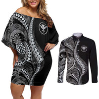 Hawaii Pineapple Gray Scale Tribal Pattern Couples Matching Off Shoulder Short Dress and Long Sleeve Button Shirt - Polynesian Pride