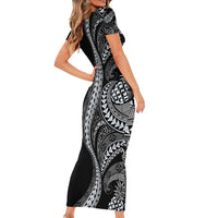 Hawaii Pineapple Gray Scale Tribal Pattern Family Matching Short Sleeve Bodycon Dress and Hawaiian Shirt - Polynesian Pride