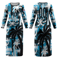 Custom Fijian Rugby Family Matching Long Sleeve Bodycon Dress and Hawaiian Shirt Grunge Palm Stylized LT01 Mom's Dress Blue - Polynesian Pride