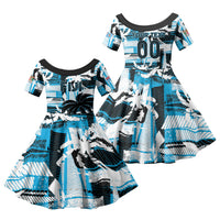 Custom Fijian Rugby Family Matching Off Shoulder Maxi Dress and Hawaiian Shirt Grunge Palm Stylized LT01 Daughter's Dress Blue - Polynesian Pride