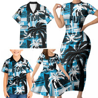 Custom Fijian Rugby Family Matching Short Sleeve Bodycon Dress and Hawaiian Shirt Grunge Palm Stylized LT01 - Polynesian Pride