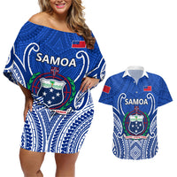 Custom Samoa Rugby Couples Matching Off Shoulder Short Dress and Hawaiian Shirt Manu Samoa Go 2023 World Cup LT01 Blue - Polynesian Pride