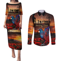 New Zealand Tui Bird Soldier ANZAC Couples Matching Puletasi and Long Sleeve Button Shirt Lest We Forget LT03 Black - Polynesian Pride