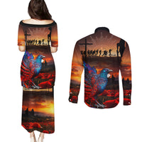 New Zealand Tui Bird Soldier ANZAC Couples Matching Puletasi and Long Sleeve Button Shirt Lest We Forget LT03 - Polynesian Pride