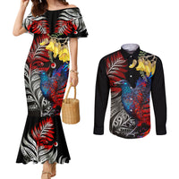 New Zealand Kohwhai Tui Bird Couples Matching Mermaid Dress and Long Sleeve Button Shirt Silver Fern Version LT03 Black - Polynesian Pride