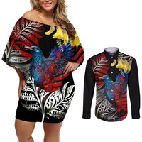 New Zealand Kohwhai Tui Bird Couples Matching Off Shoulder Short Dress and Long Sleeve Button Shirt Silver Fern Version LT03 Black - Polynesian Pride