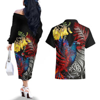 New Zealand Kohwhai Tui Bird Couples Matching Off The Shoulder Long Sleeve Dress and Hawaiian Shirt Silver Fern Version LT03 - Polynesian Pride