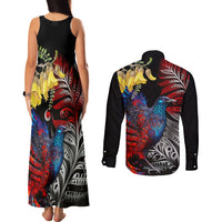 New Zealand Kohwhai Tui Bird Couples Matching Tank Maxi Dress and Long Sleeve Button Shirt Silver Fern Version LT03 - Polynesian Pride