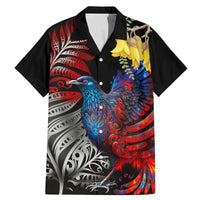 New Zealand Kohwhai Tui Bird Family Matching Mermaid Dress and Hawaiian Shirt Silver Fern Version LT03 Dad's Shirt - Short Sleeve Black - Polynesian Pride