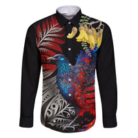 New Zealand Kohwhai Tui Bird Family Matching Off Shoulder Long Sleeve Dress and Hawaiian Shirt Silver Fern Version LT03 Dad's Shirt - Long Sleeve Black - Polynesian Pride