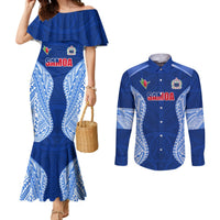 Custom Manu Samoa Rugby Couples Matching Mermaid Dress and Long Sleeve Button Shirt Polynesian Tattoo LT03 Blue - Polynesian Pride
