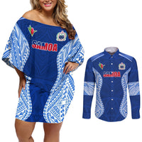 Custom Manu Samoa Rugby Couples Matching Off Shoulder Short Dress and Long Sleeve Button Shirt Polynesian Tattoo LT03 Blue - Polynesian Pride