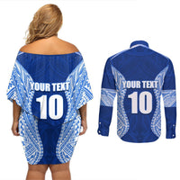 Custom Manu Samoa Rugby Couples Matching Off Shoulder Short Dress and Long Sleeve Button Shirt Polynesian Tattoo LT03 - Polynesian Pride