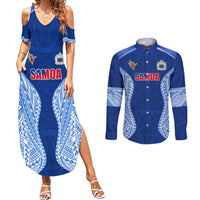 Custom Manu Samoa Rugby Couples Matching Summer Maxi Dress and Long Sleeve Button Shirt Polynesian Tattoo LT03 Blue - Polynesian Pride