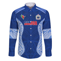 Custom Manu Samoa Rugby Family Matching Off Shoulder Short Dress and Hawaiian Shirt Polynesian Tattoo LT03 Dad's Shirt - Long Sleeve Blue - Polynesian Pride