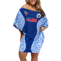 Custom Manu Samoa Rugby Family Matching Off Shoulder Short Dress and Hawaiian Shirt Polynesian Tattoo LT03 Mom's Dress Blue - Polynesian Pride