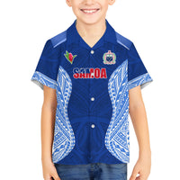 Custom Manu Samoa Rugby Family Matching Off Shoulder Short Dress and Hawaiian Shirt Polynesian Tattoo LT03 Son's Shirt Blue - Polynesian Pride