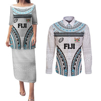 Custom Flying Fijians Rugby Couples Matching Puletasi and Long Sleeve Button Shirt Tapa Tribal Cloth LT03 White - Polynesian Pride